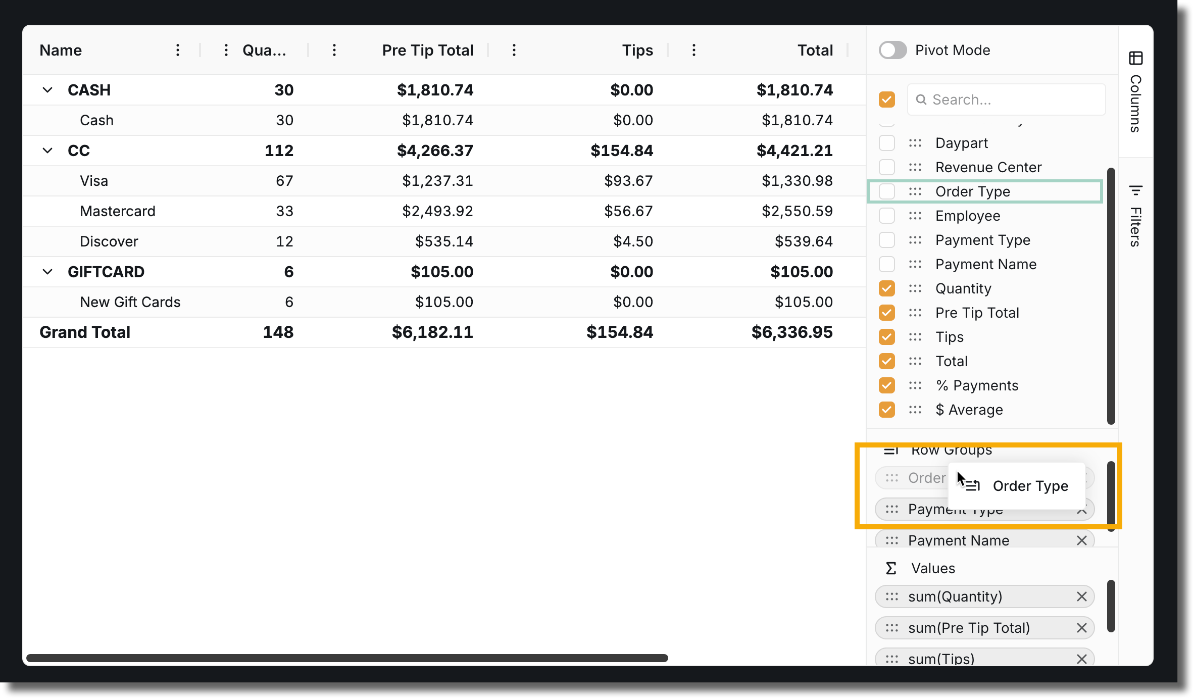 Add column fields to Row Groups by dragging the six dots