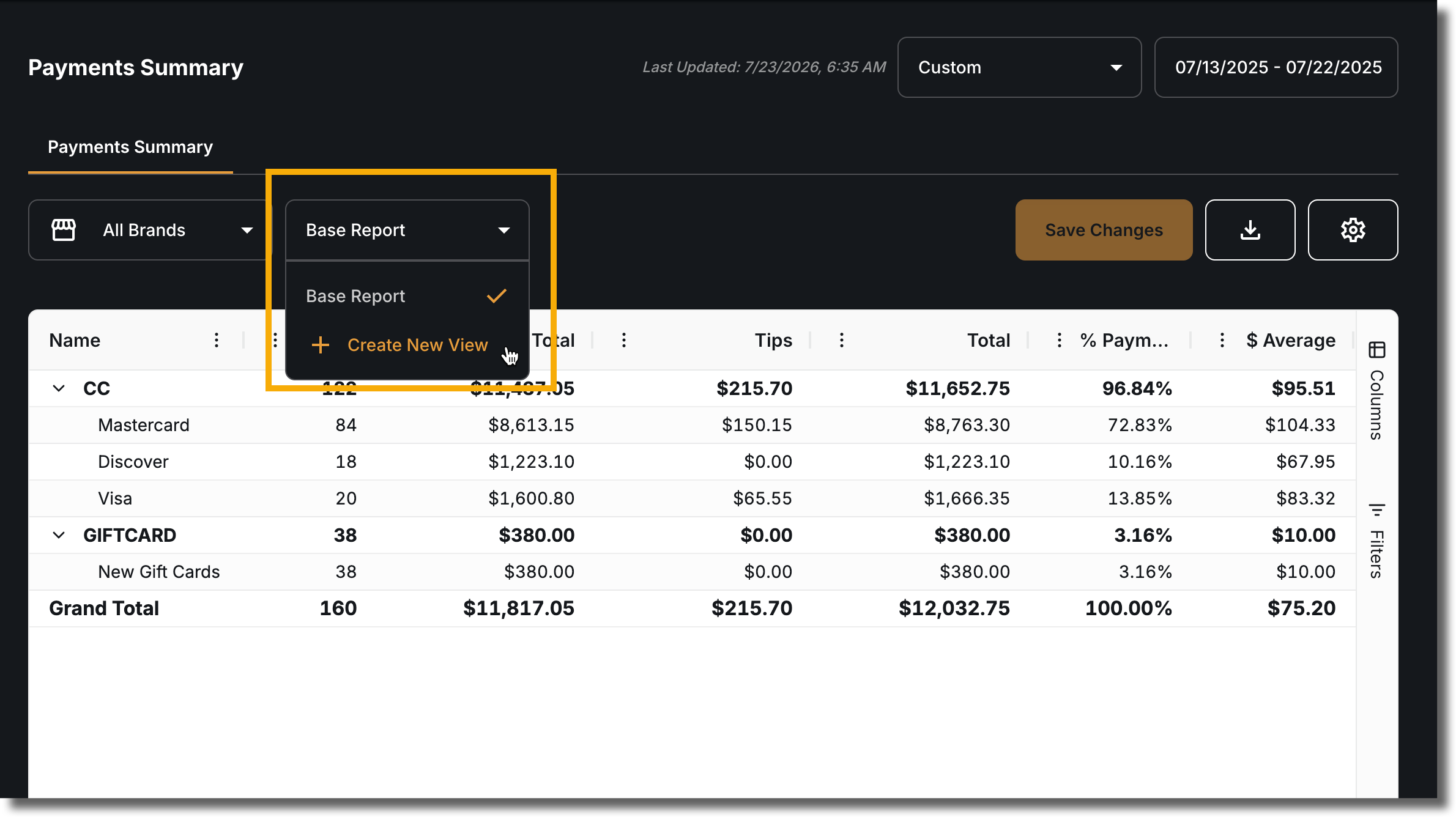 Choose whether to modify the Base Report or create a Custom View