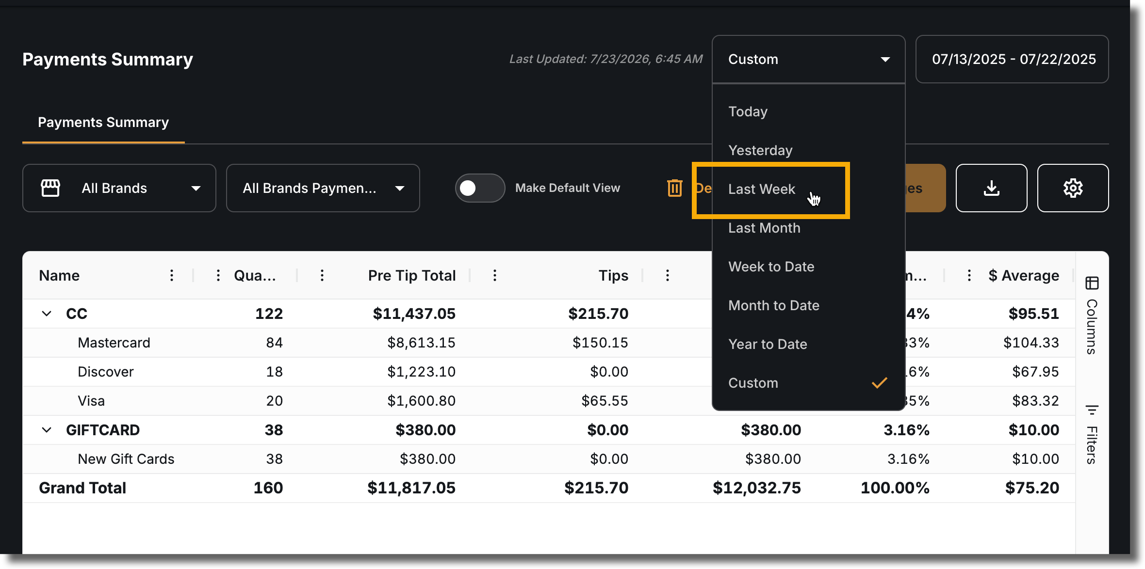 Use the Date Range drop-down menu
