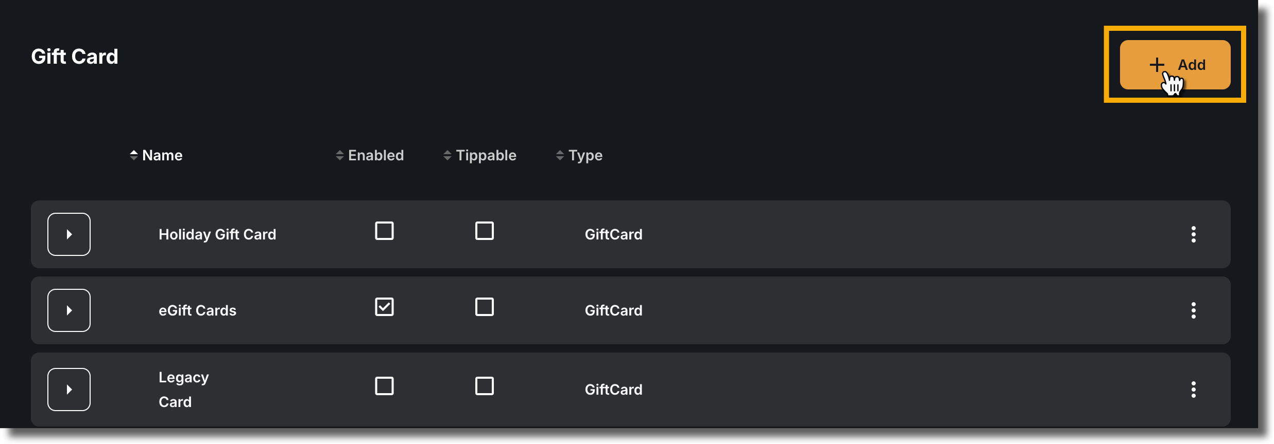 Scroll down to Gift Cards and click Add