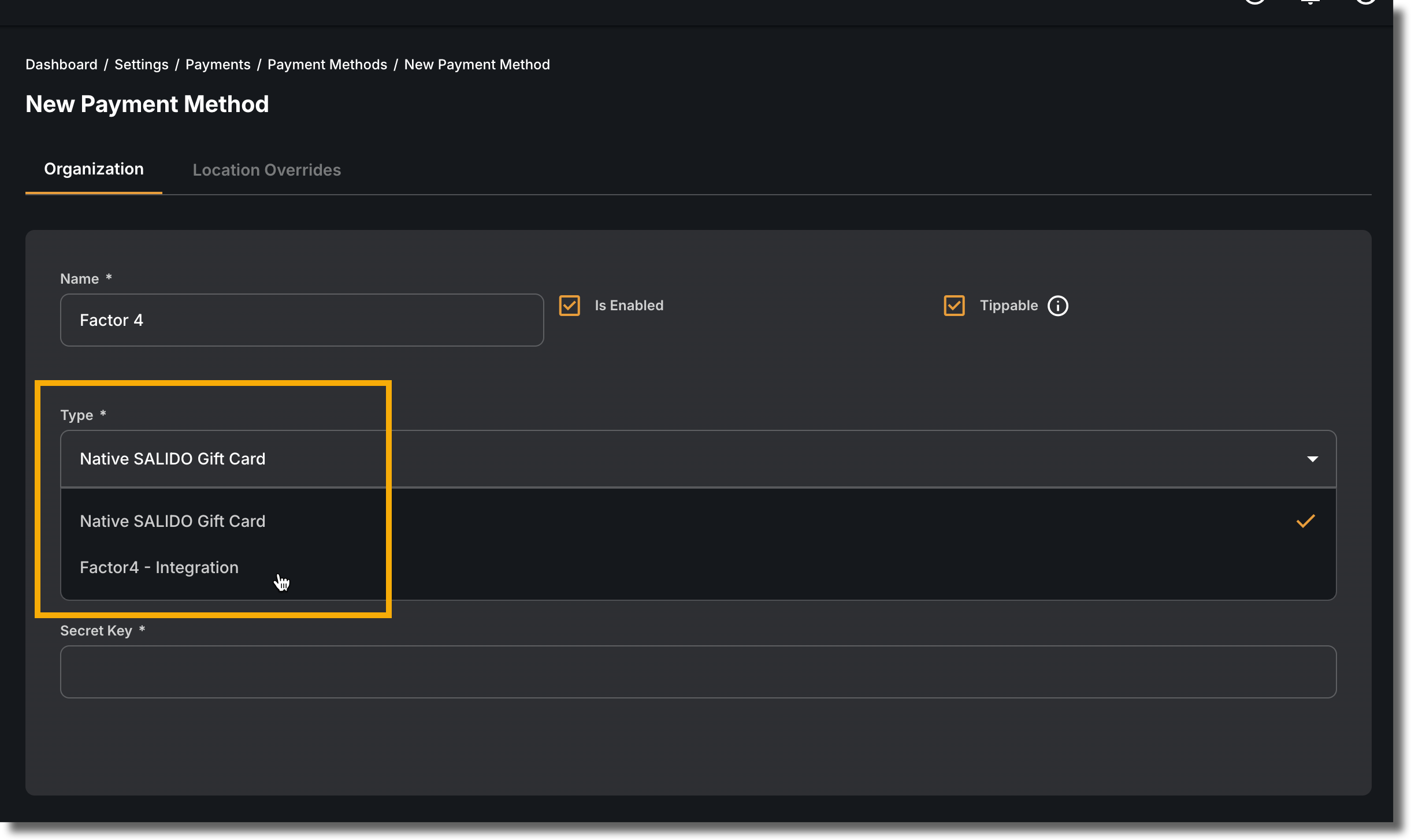 Select Factor4 from Type dropdown