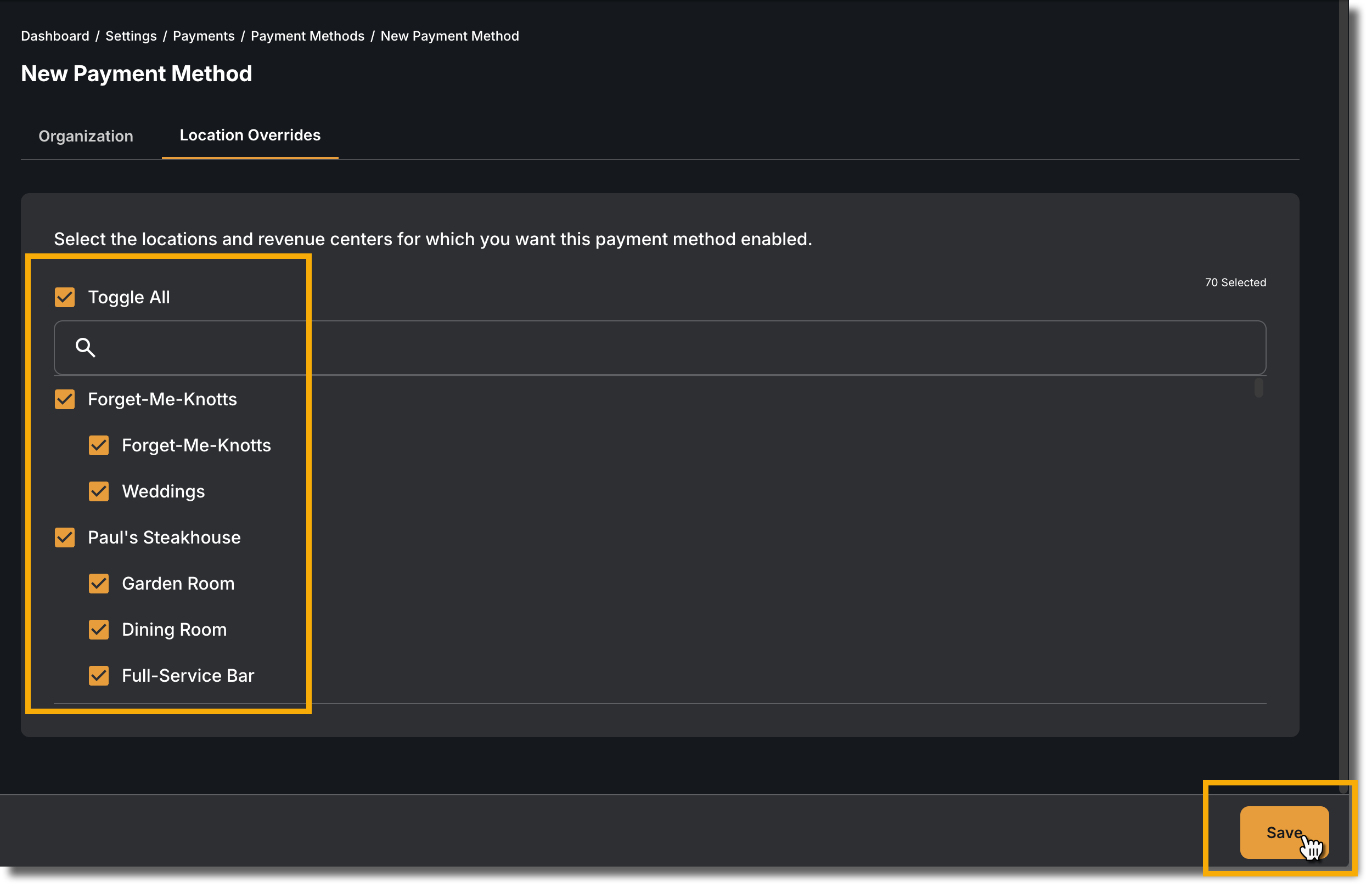 Toggle locations and click Save