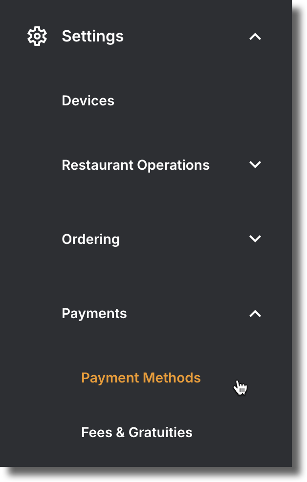 Navigate to Settings, click Payments, and select Payment Methods