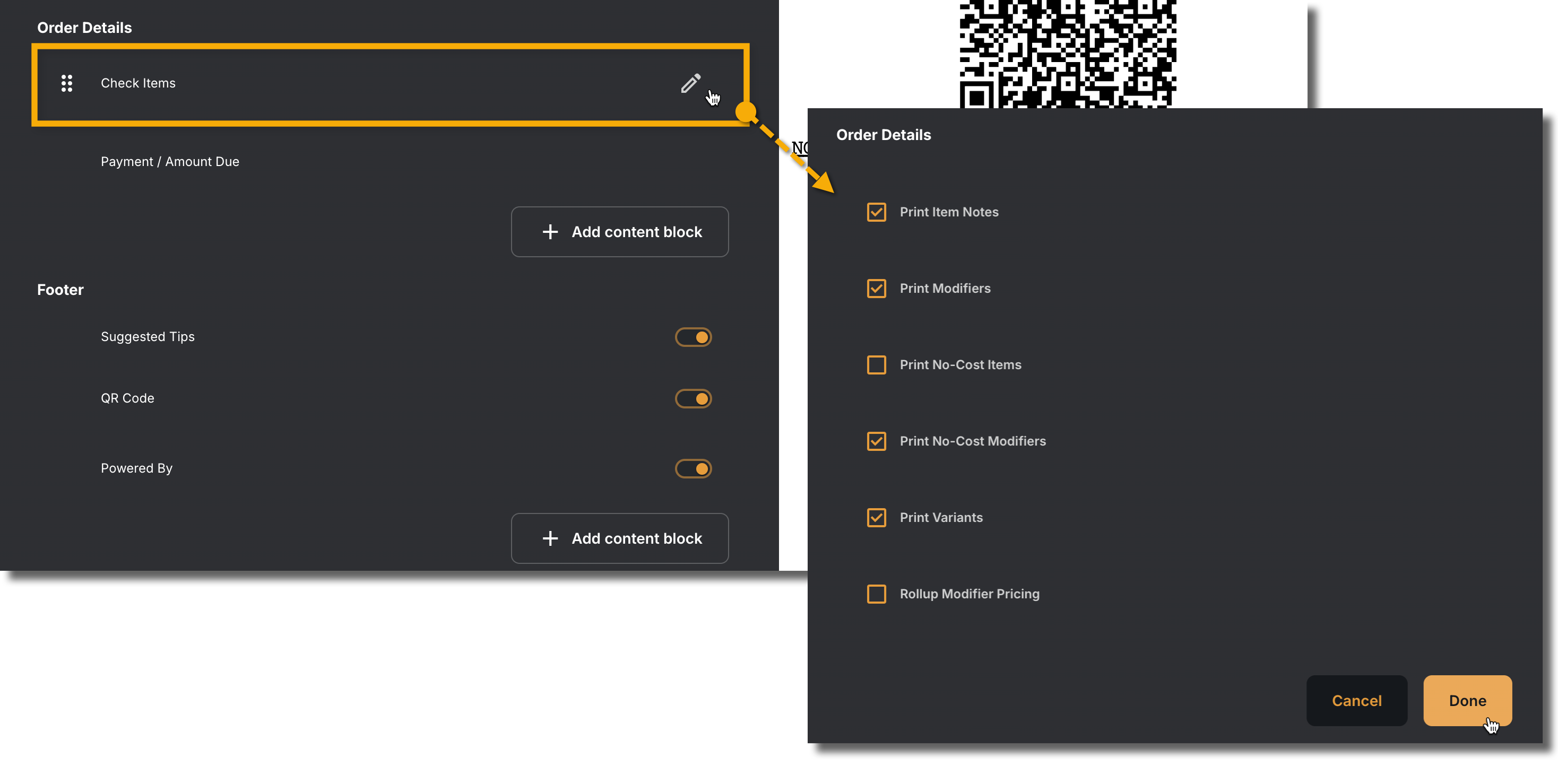 Guest Receipt Check Items Options