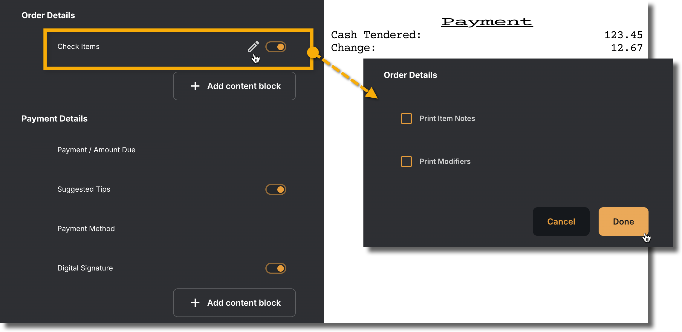 Payment Receipt Check Items Options