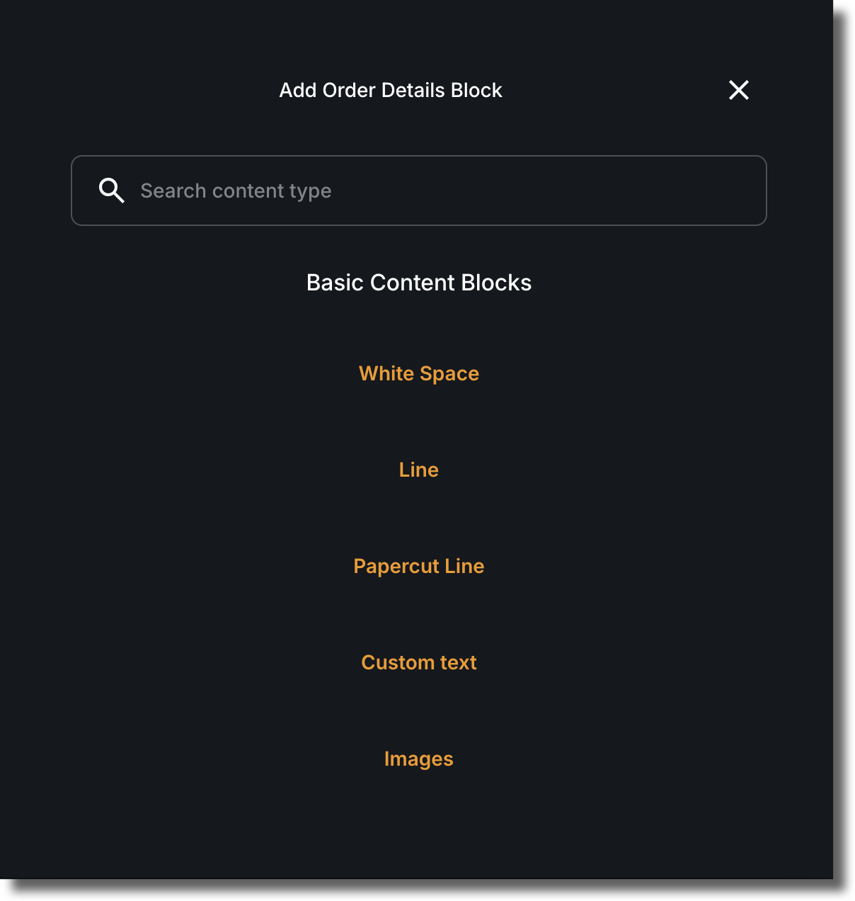 Add Content Block Modal Options