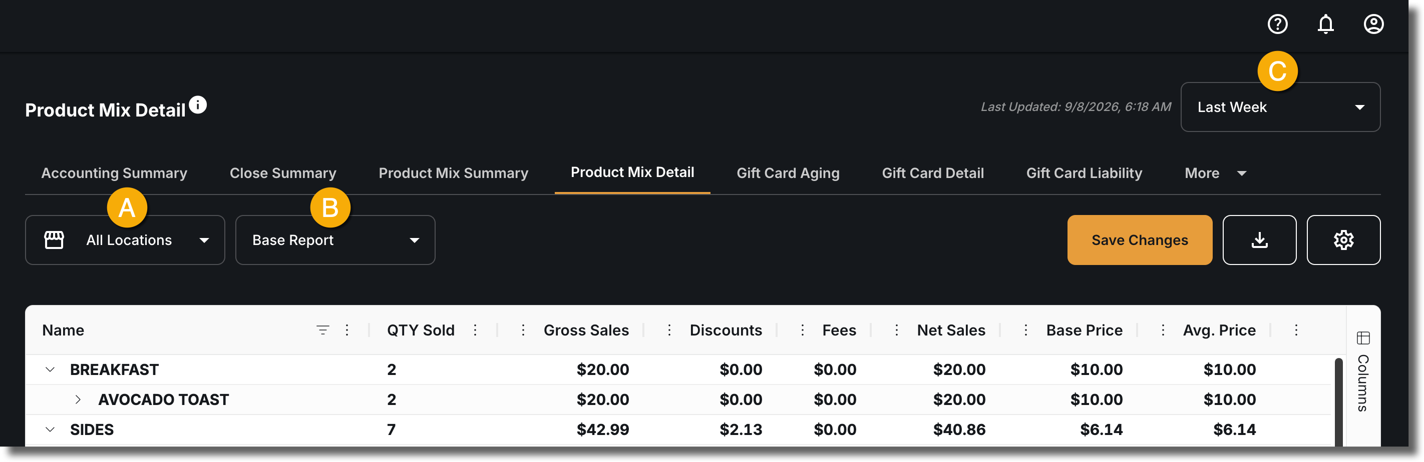 Filtering the Product Mix Detail Report