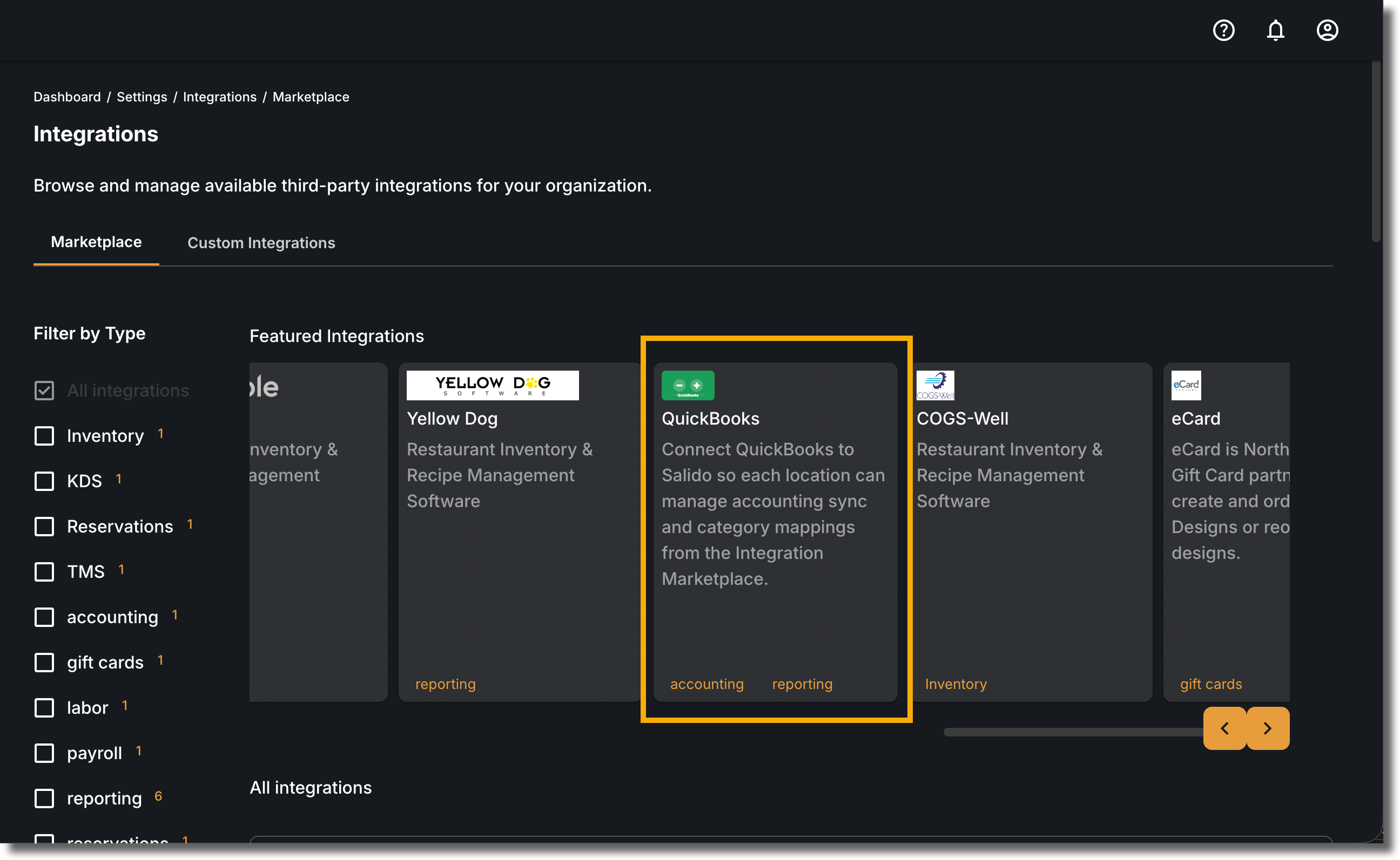 Click the QuickBooks integration tile